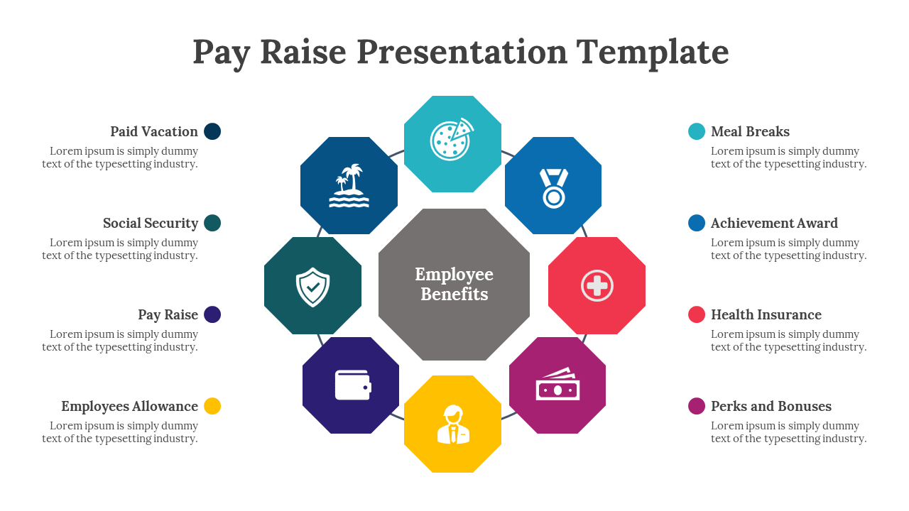 Pay Raise PPT slide featuring colorful icons for benefits like paid vacation, social security, and health insurance with text.