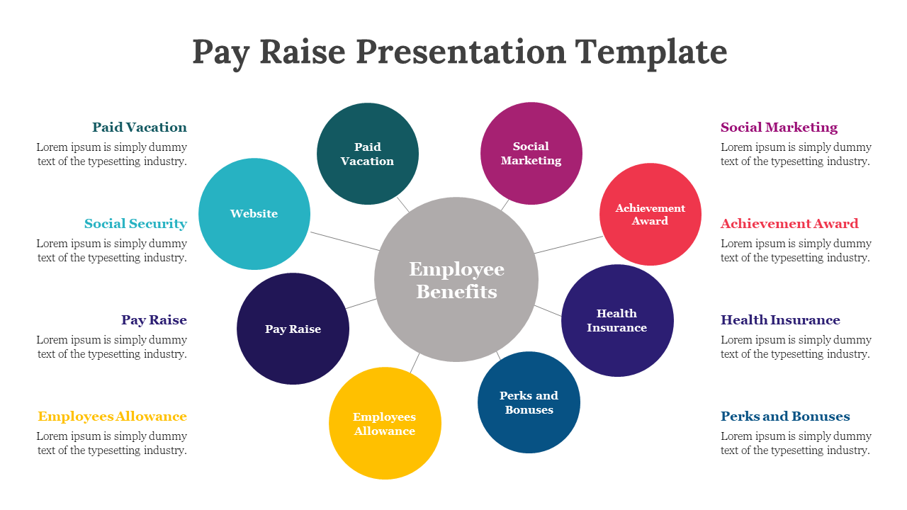 Pay Raise template with employee benefits with colorful icons, including paid vacation, website, and achievement awards.