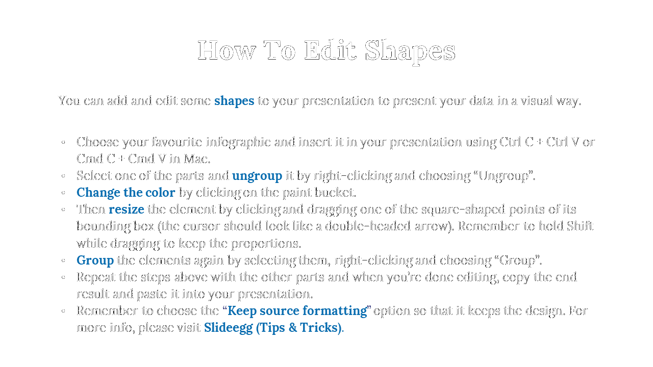 How to Edit Shapes tutorial with steps on resizing, ungrouping, and grouping infographic elements on a white backdrop.