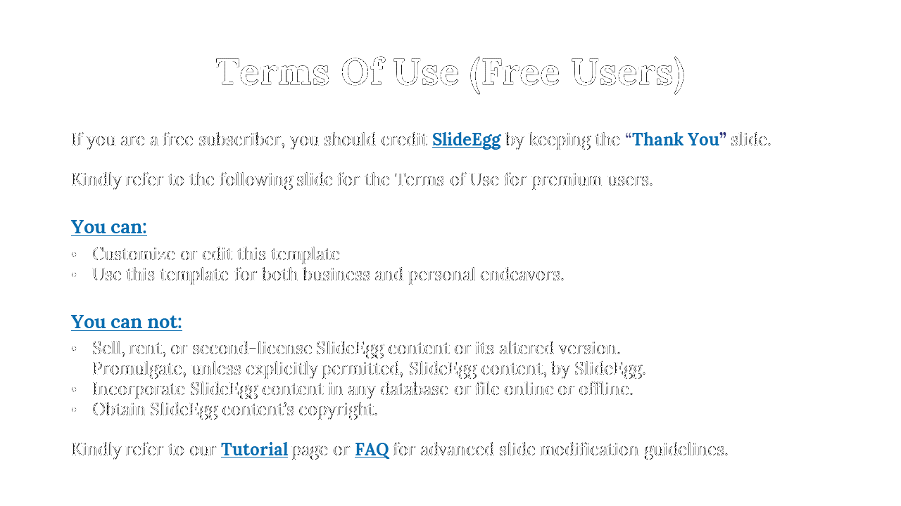SlideEgg terms of use for free users, including guidelines on editing templates and prohibitions on a white backdrop.