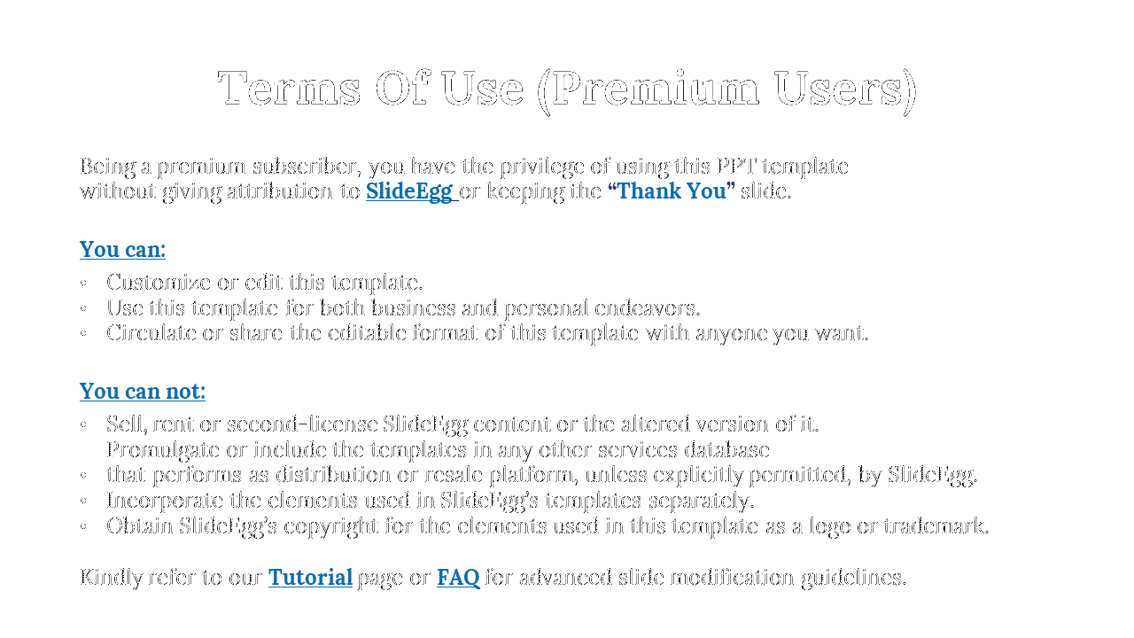 Terms of use for premium SlideEgg users, outlining rights to edit and distribute templates on a white backdrop.