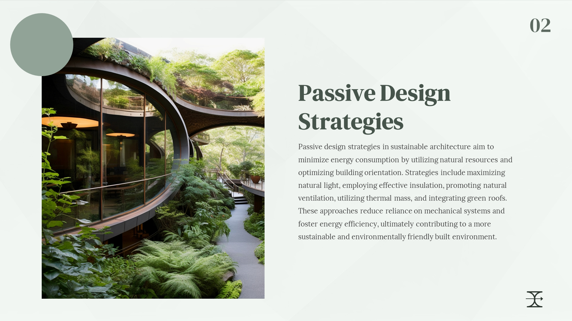 Passive Design Strategies slide with an image of a sustainable building surrounded by greenery and natural light.