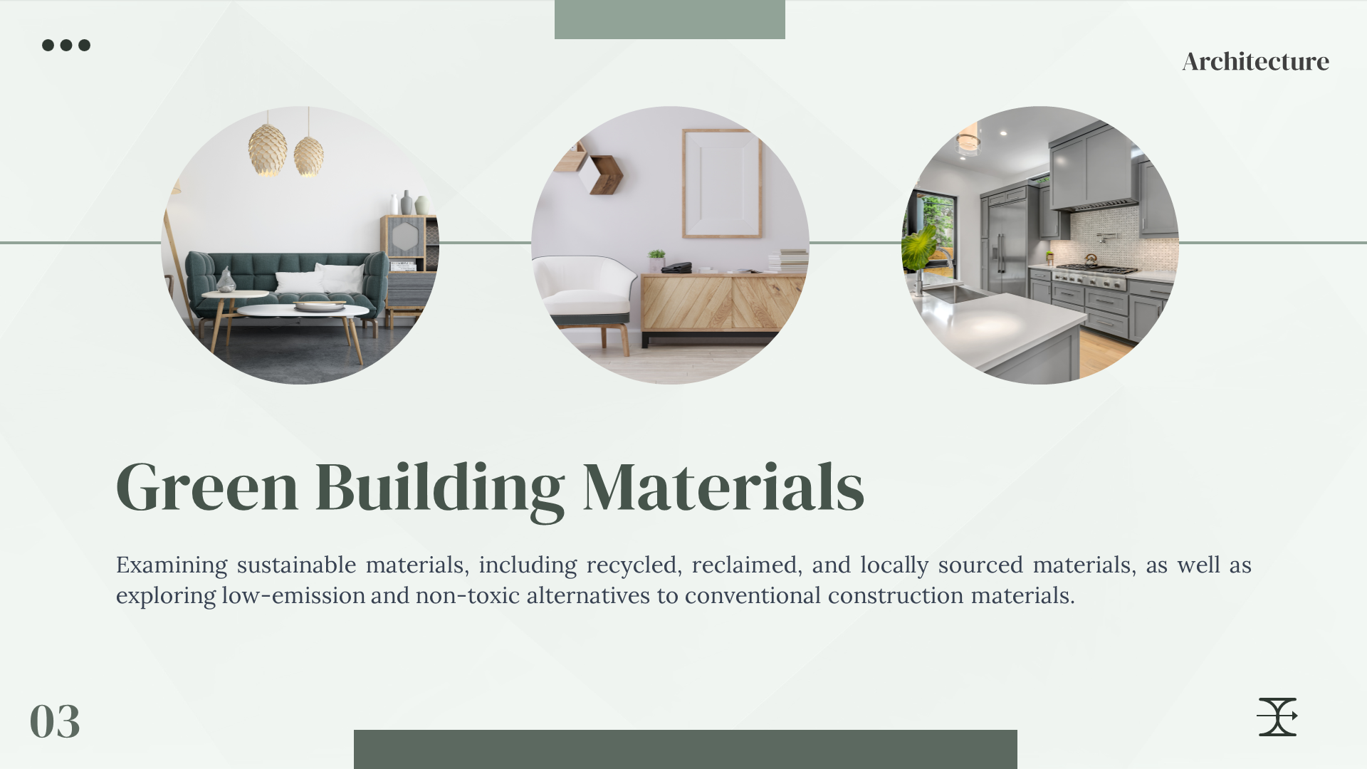 Green Building Materials' with images of eco friendly interior designs, including furniture and sustainable materials.