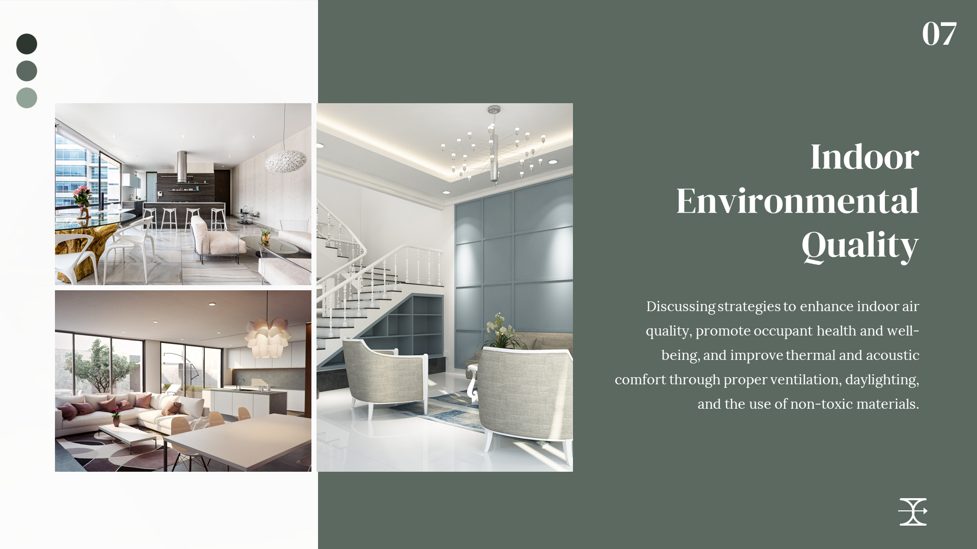 Indoor Environmental Quality slide showcasing images of stylish living spaces designed for optimal air quality and comfort.