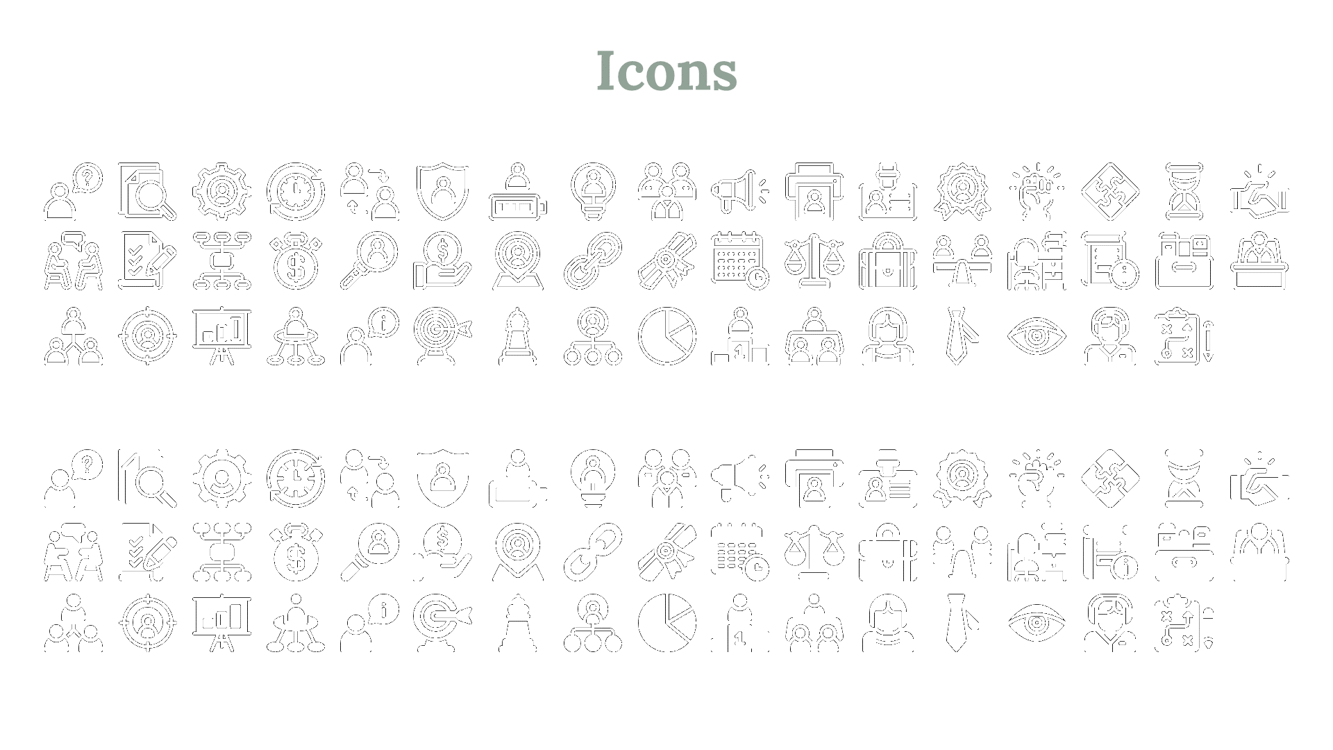 Grid of black icons depicting business, strategy, and technology concepts, including teamwork, and project management.