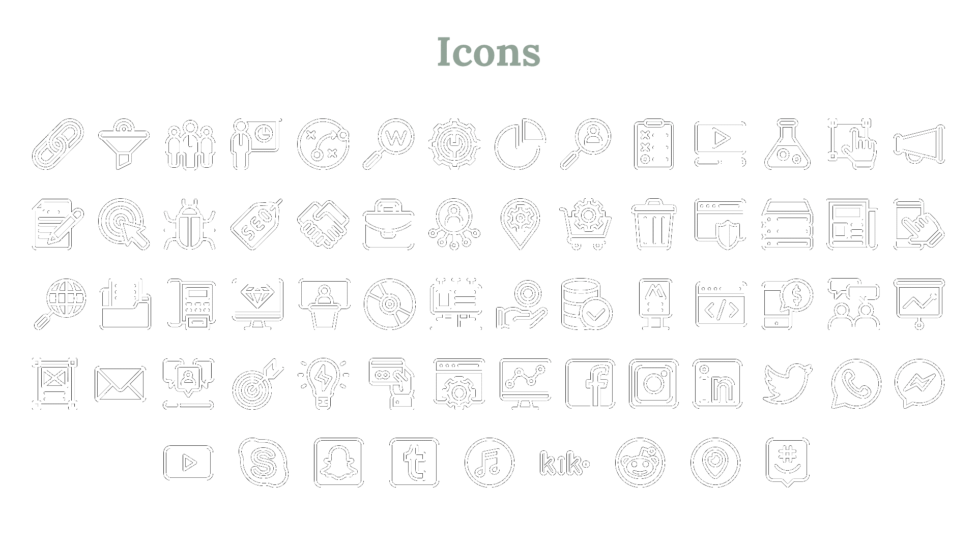 Set of black icons depicting business, social media, and technology themes like SEO, and popular social platforms.