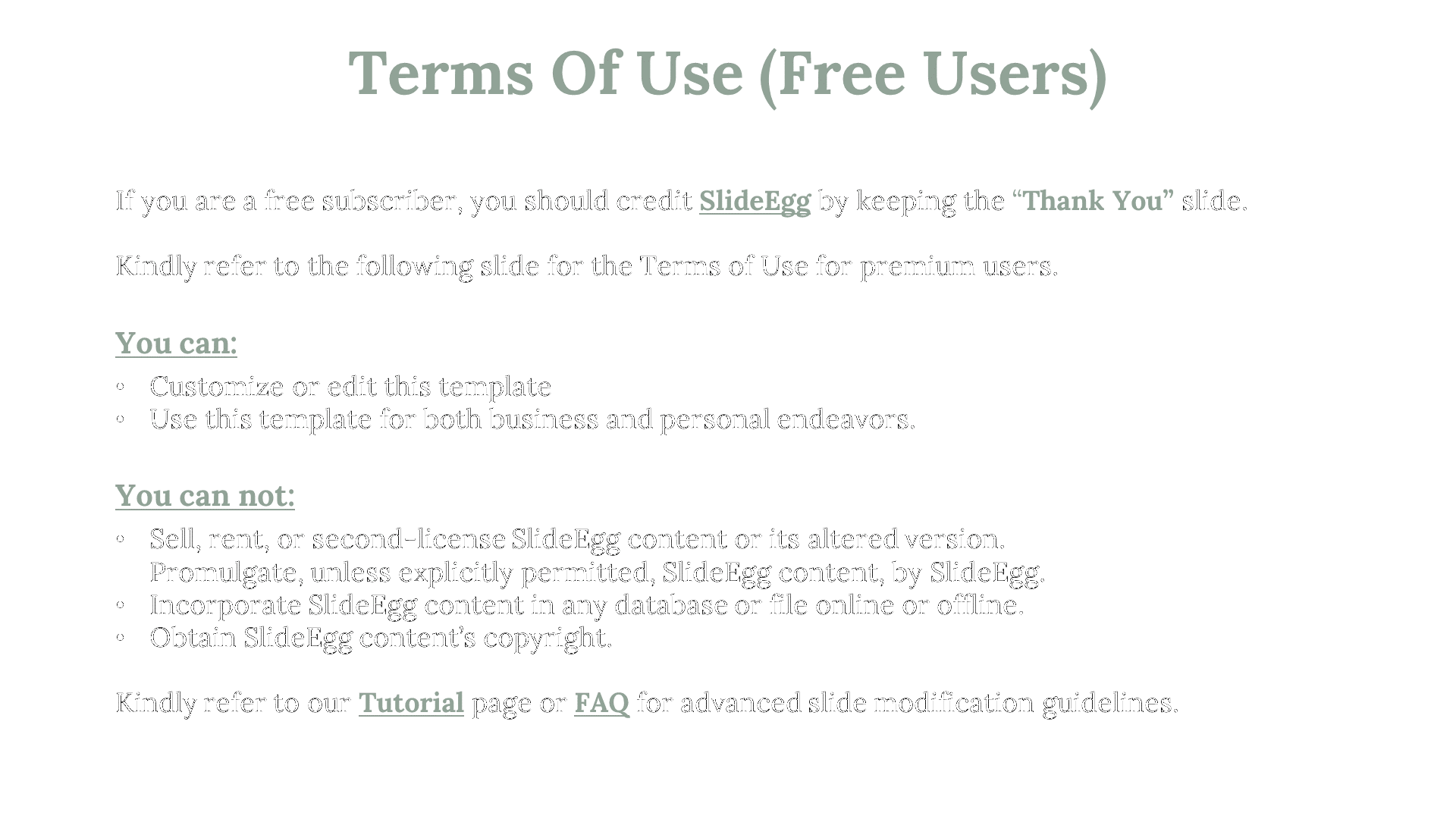 Terms of use for free SlideEgg subscribers, with guidelines on customizing templates and restrictions on a white backdrop.