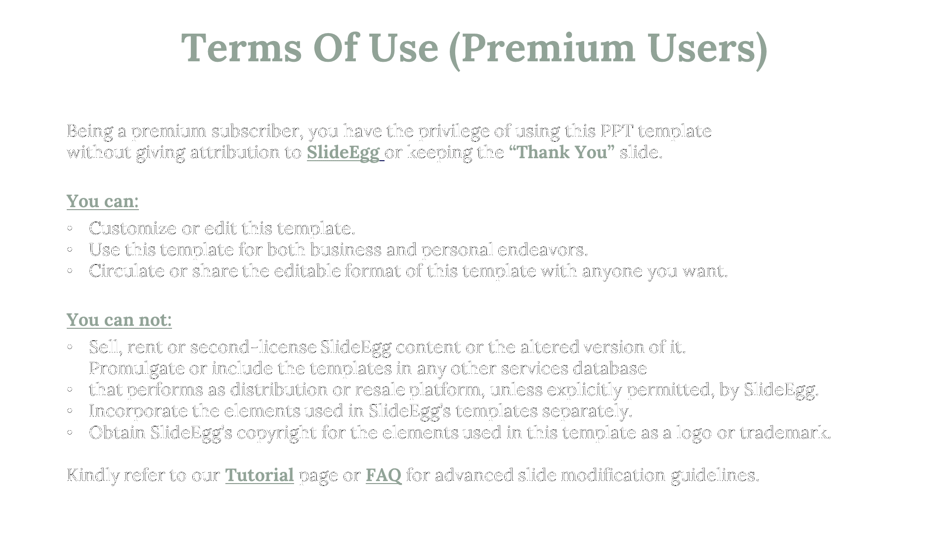 Terms of use for premium SlideEgg users, including rights to edit and share templates on a white backdrop.