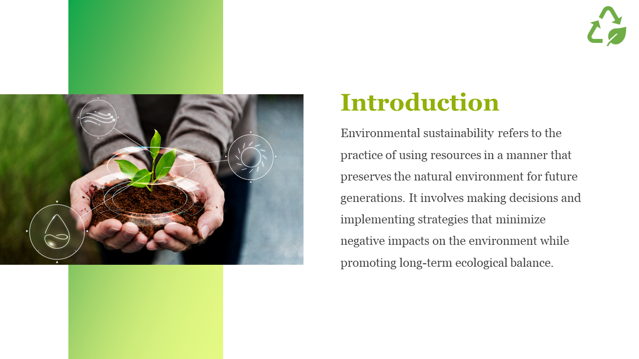 Introduction to environmental sustainability, showing a person holding a plant with eco icons representing water and air.
