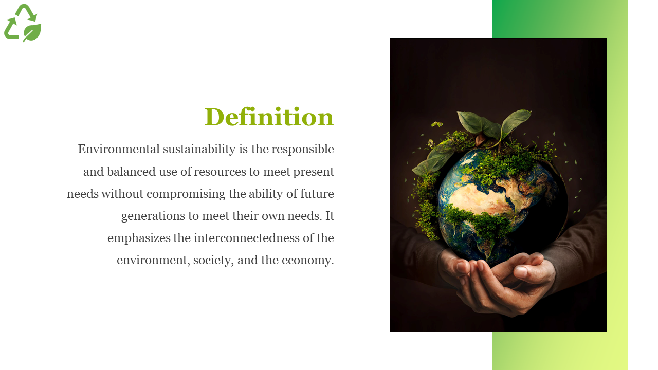 Environmental sustainability definition slide featuring hands holding the Earth with plants growing on it in white backdrop.