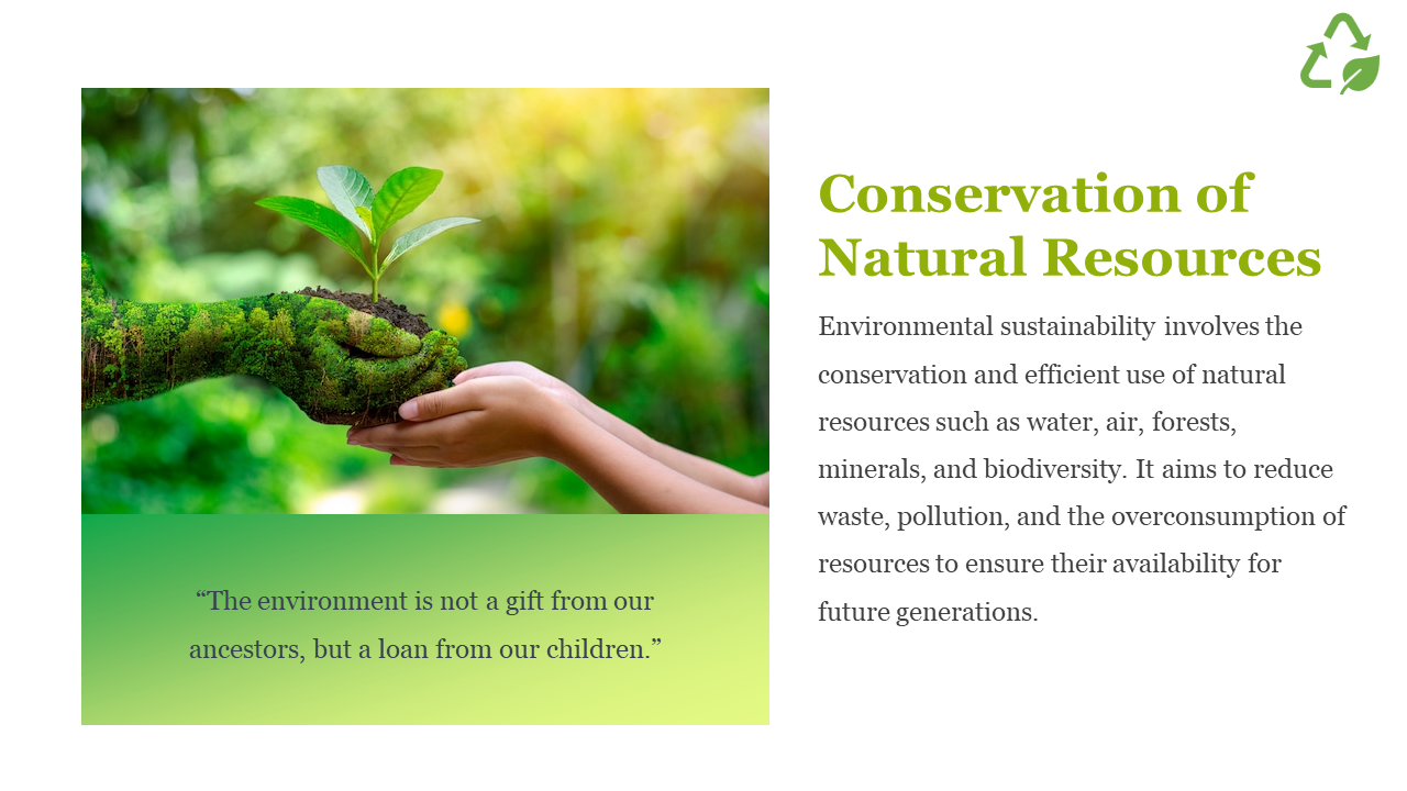 Conservation of Natural Resources, showing a hand holding a small plant with another hand covered in greenery on white theme.