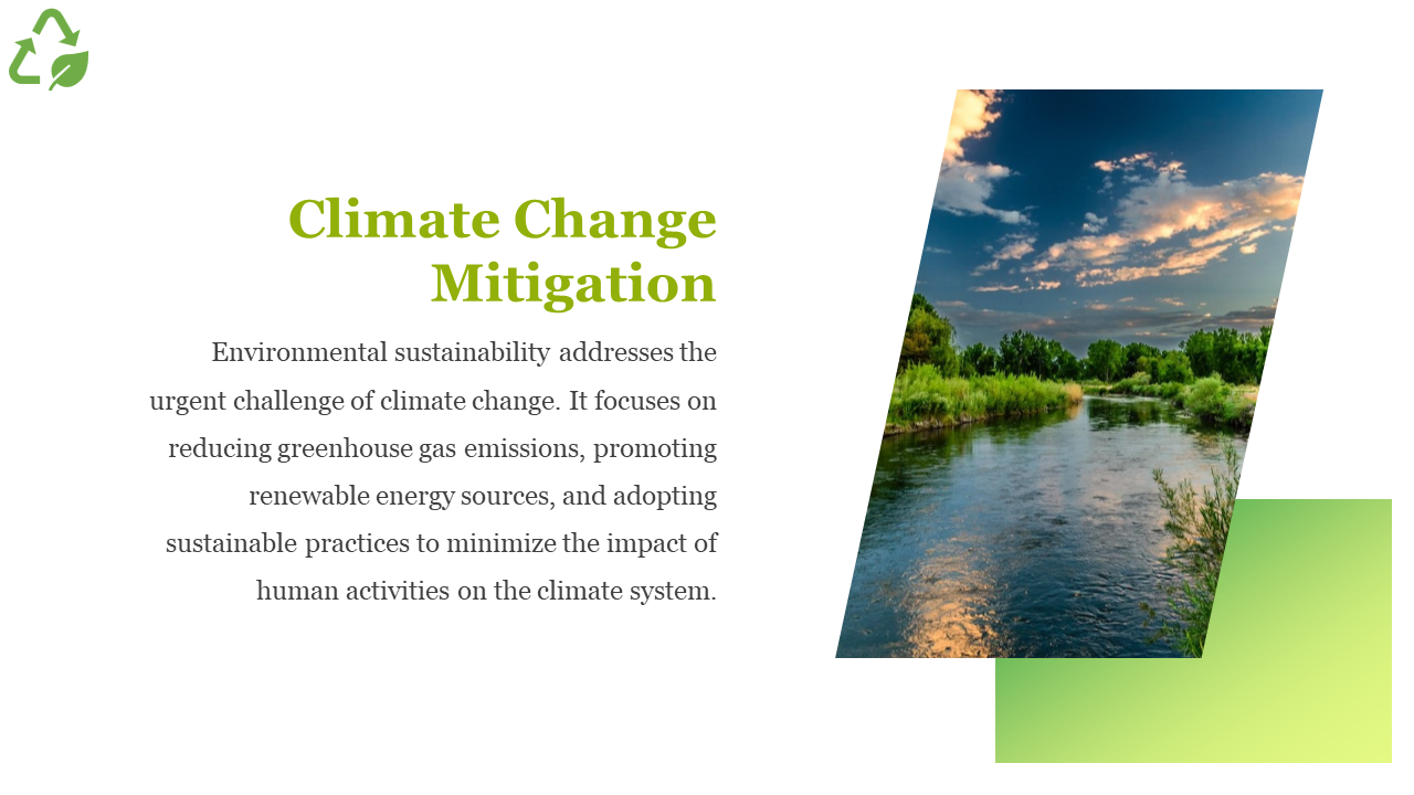 Climate Change Mitigation slide featuring an image of a river and lush greenery on a white backdrop.