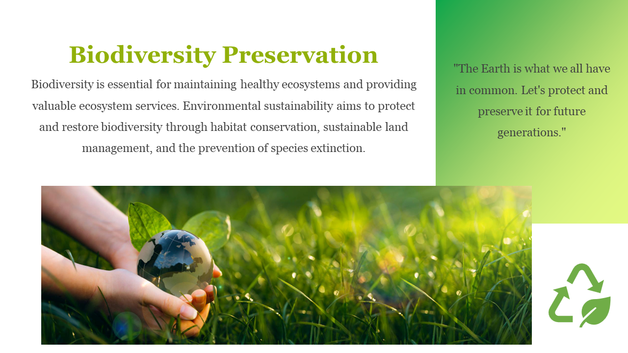 Biodiversity Preservation PPT slide showcasing hands holding a globe with green leaves on a white and green backdrop.