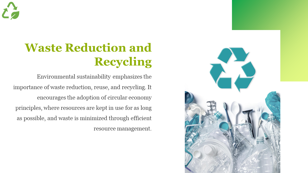 Waste Reduction and Recycling, featuring a recycling symbol and plastic waste items such as bottles, spoons, and packaging.