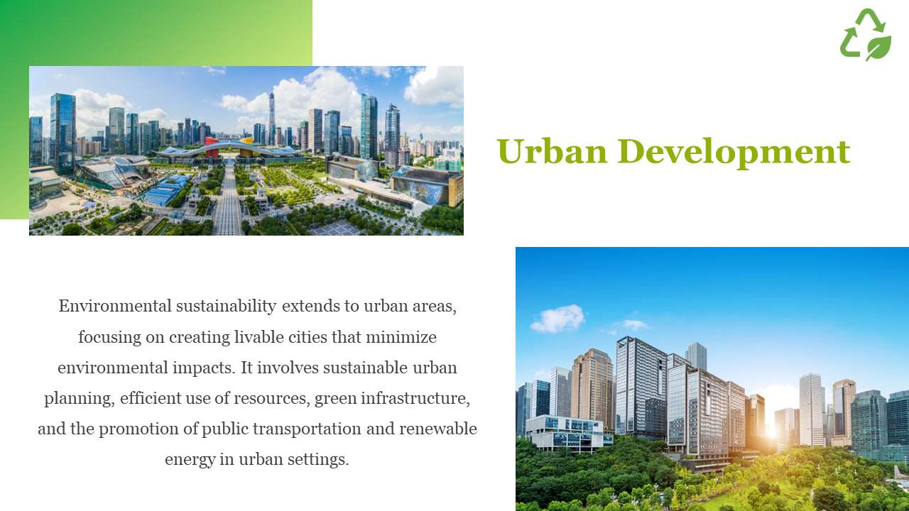 Urban Development slide featuring a modern city with skyscrapers, green spaces, and sustainable architecture.