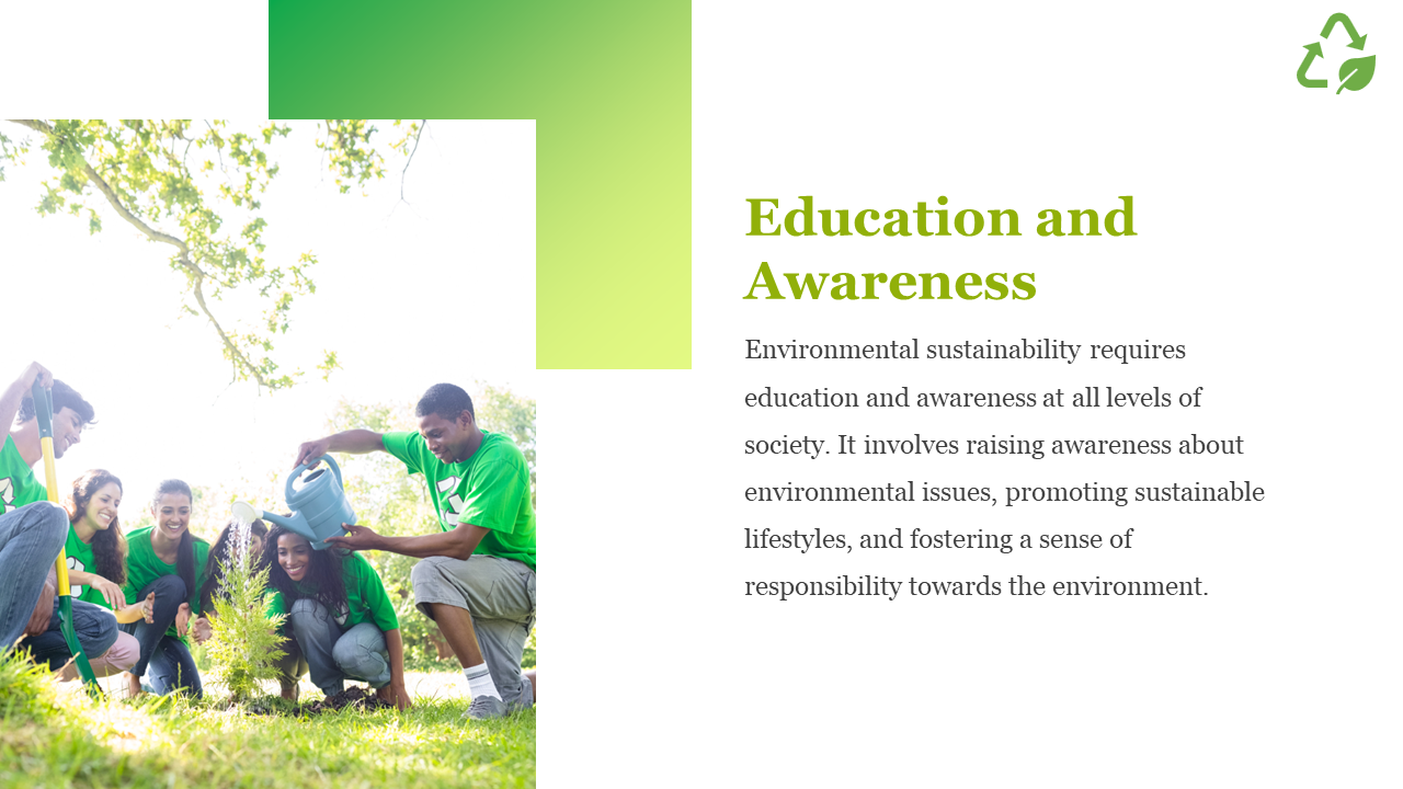 Education and Awareness slide showing a group of people planting a tree and promoting environmental sustainability.