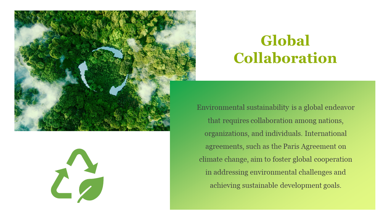 Global Collaboration with an aerial view of a green forest and a recycling symbol on a white backdrop.