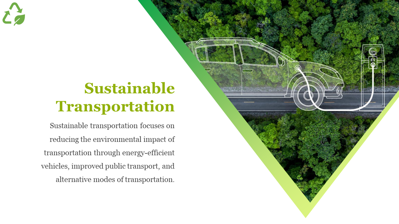 Presentation slide on sustainable transportation with a graphic of an electric vehicle being charged in a green environment.