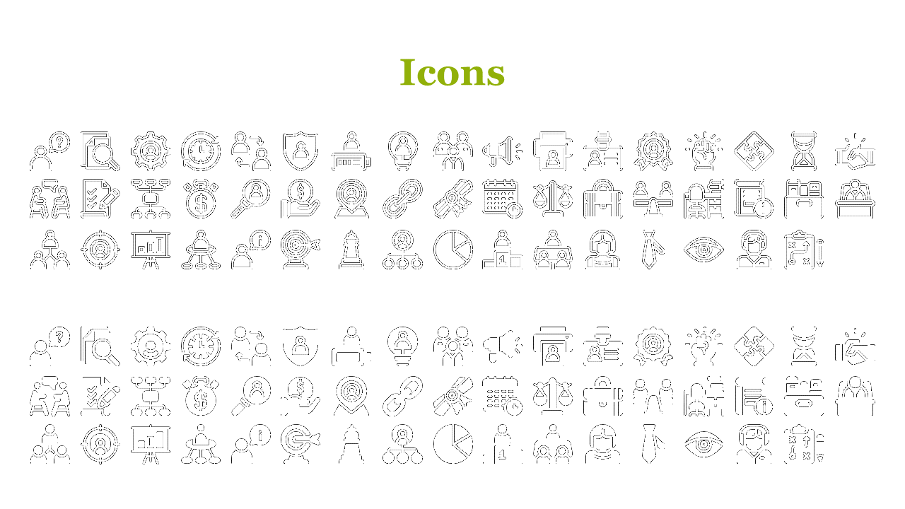 A collection of diverse icons, including business, communication, and data related symbols on a white backdrop.