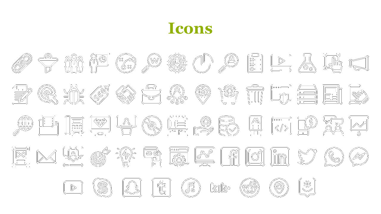 A collection of small, black icons, including communication, media, and business related graphics on a white backdrop.