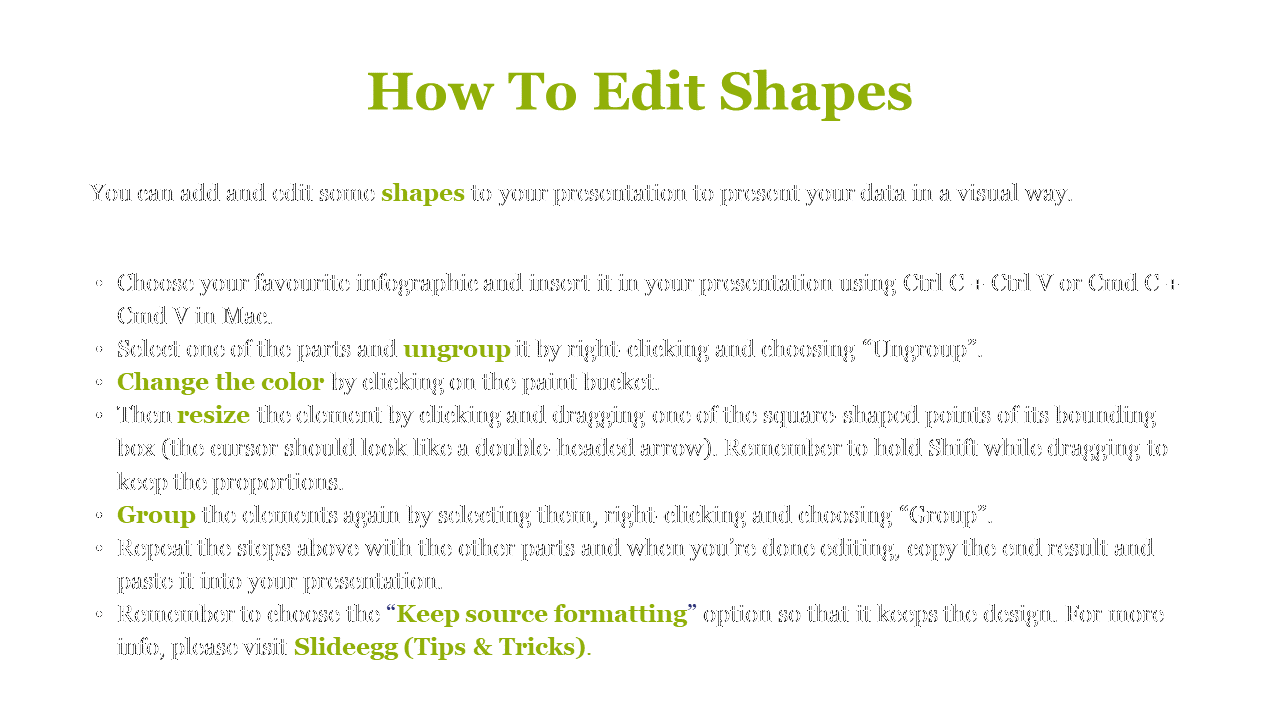 How To Edit Shapes with instructions on adding, editing, and customizing shapes for presentations on a white backdrop.
