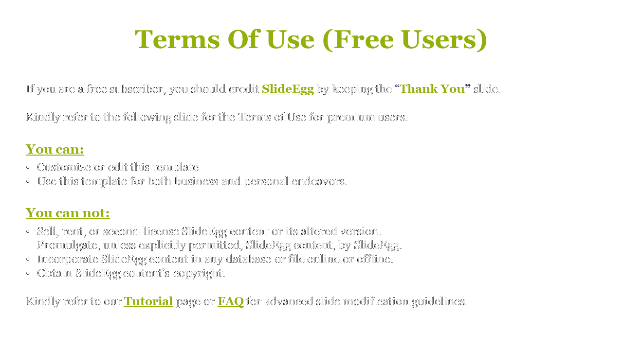 A slide explaining the terms of use for free users, with instructions on crediting SlideEgg on a white backdrop.