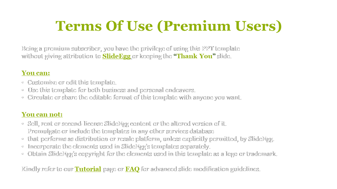 A presentation slide detailing the privileges and restrictions for premium users of SlideEgg on a white backdrop.