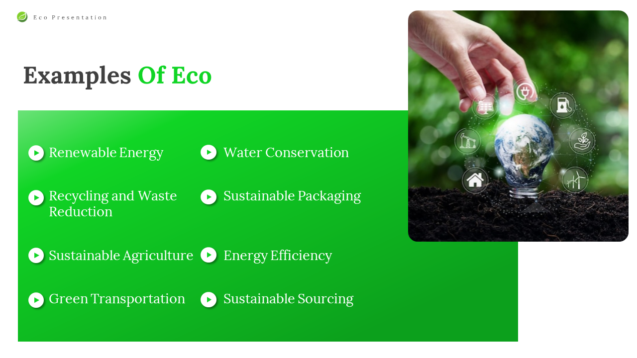 A list of eco friendly practices including renewable energy, recycling, water conservation, sustainable packaging, and more.