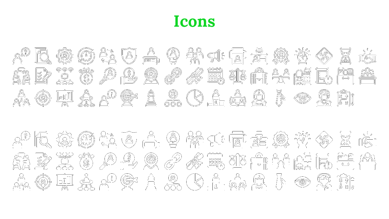 A set of icons for presentations, showing topics such as teamwork, management, security, and business processes.