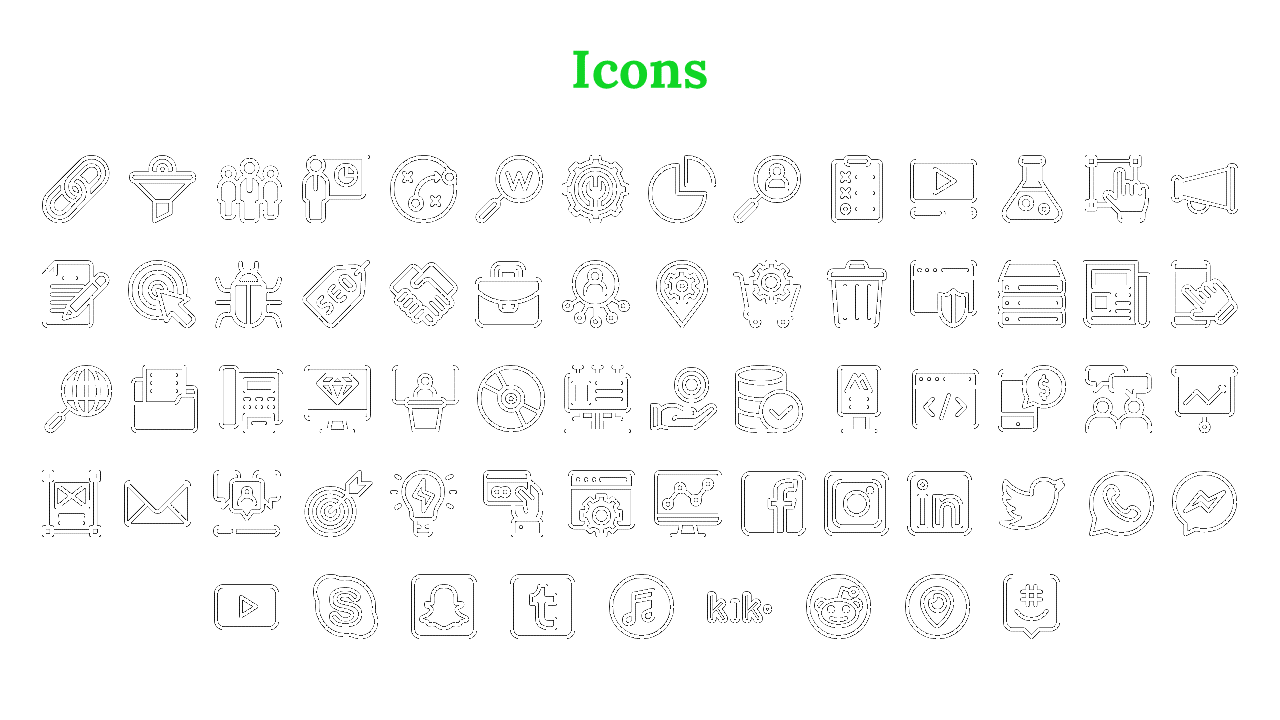 A set of diverse icons including social media, technology, data, business, and communication symbols for professional use.
