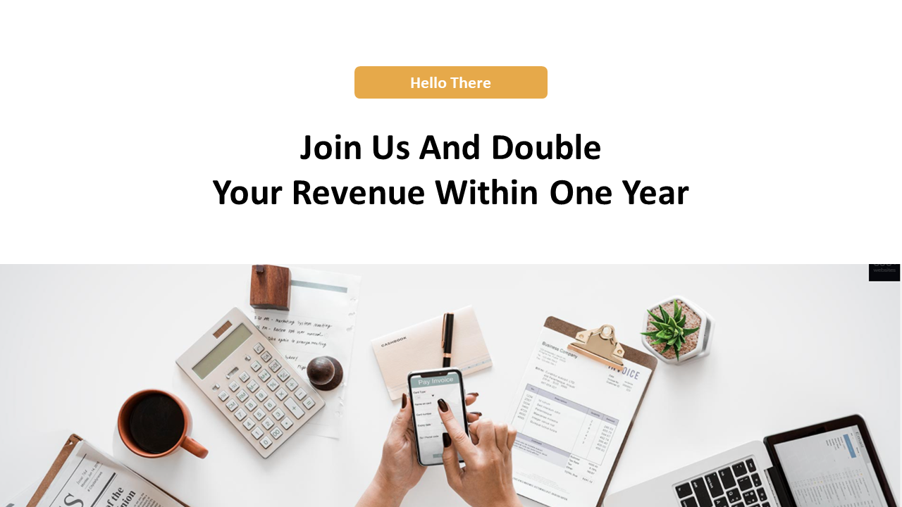 A professional workspace with a cup of coffee, a calculator, and a smartphone displaying an invoice with a call to action.