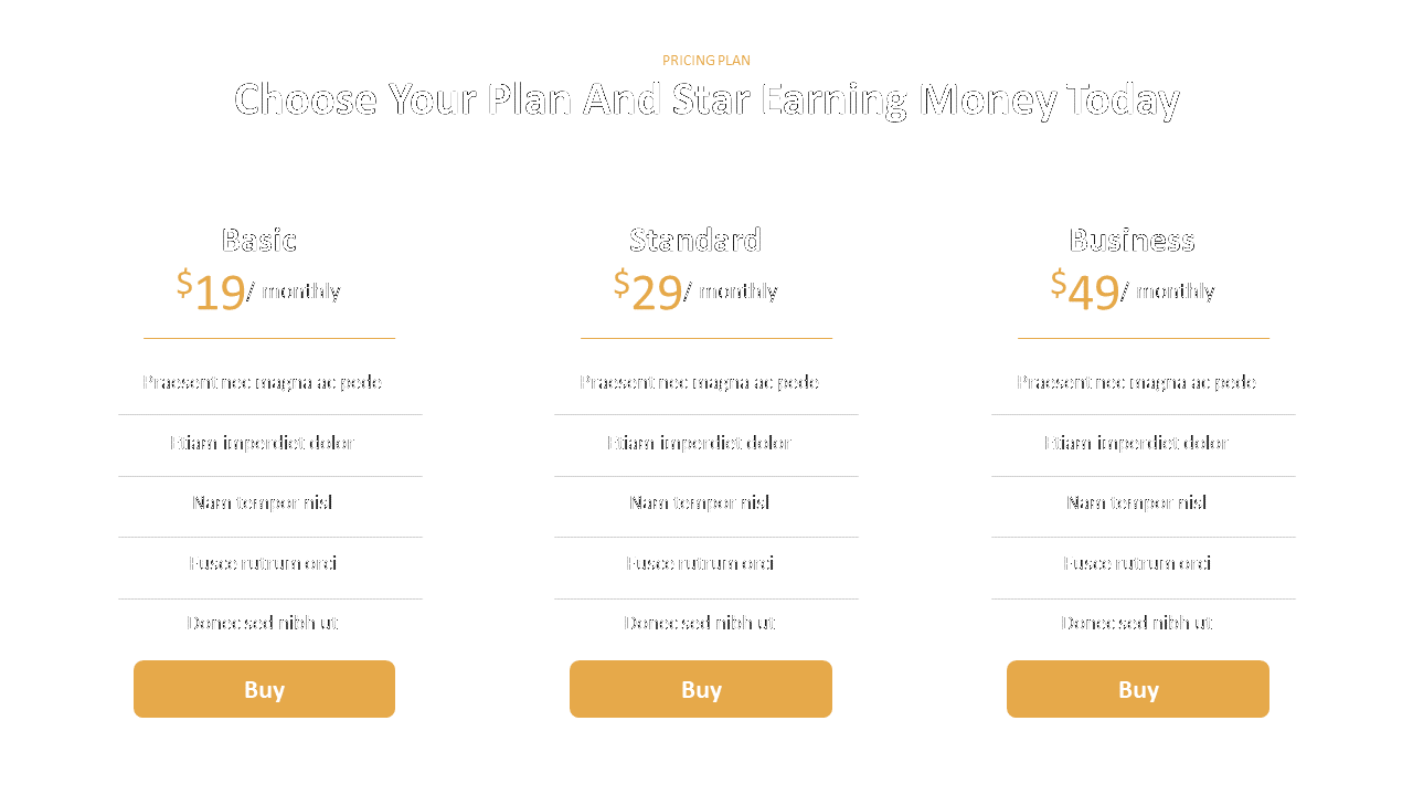 Three tier pricing table displaying Basic, Standard, and Business plans with their monthly costs and buy options.