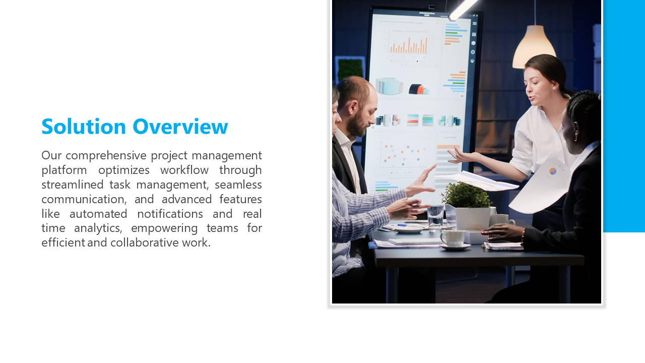 A group of professionals in a meeting, using a project management platform's features displayed on a screen, with a caption.