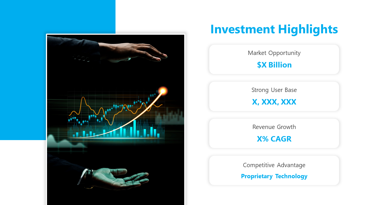 Investor pitch slide with a graph illustrating market growth and key highlights on a white and blue backdrop.
