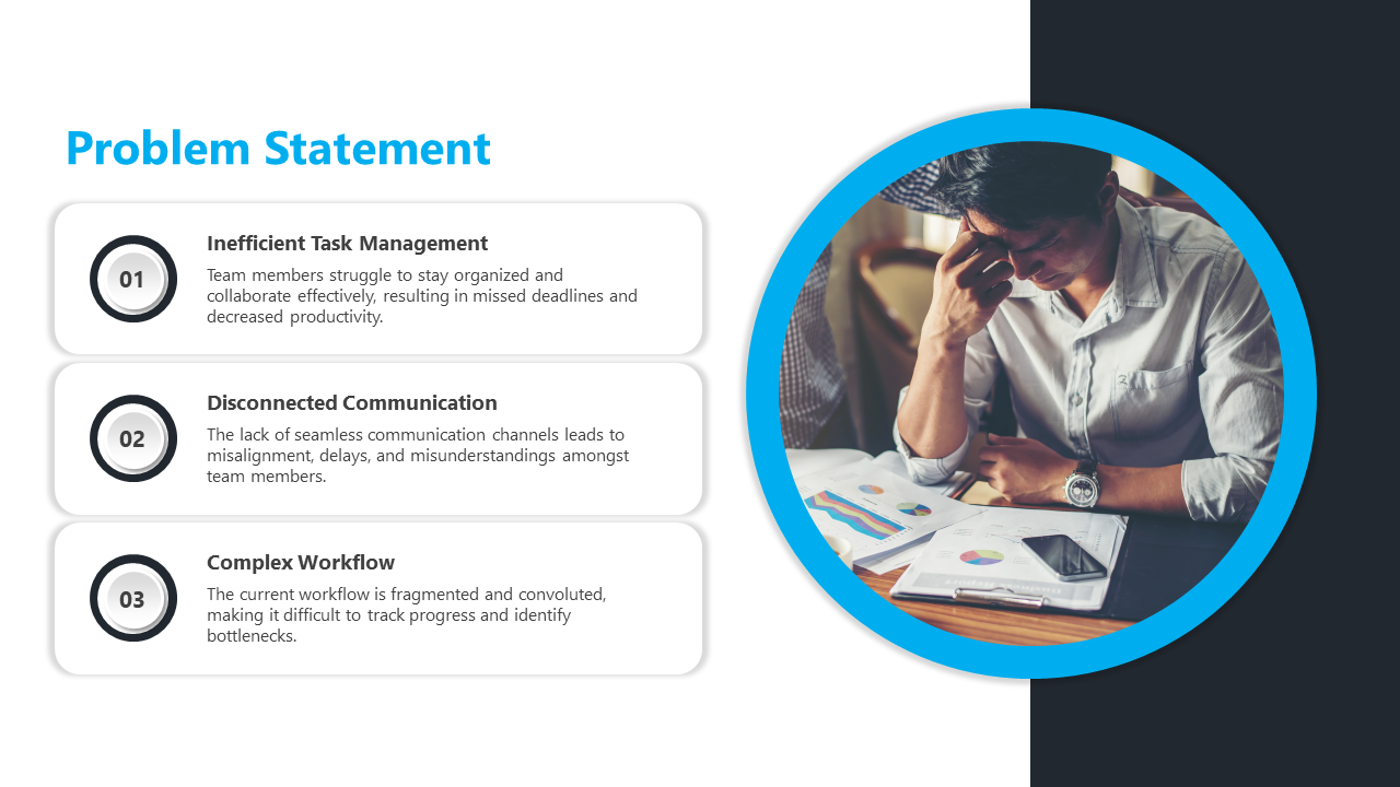 Problem statement slide highlighting three issues with a stressed team member on a white and blue backdrop.