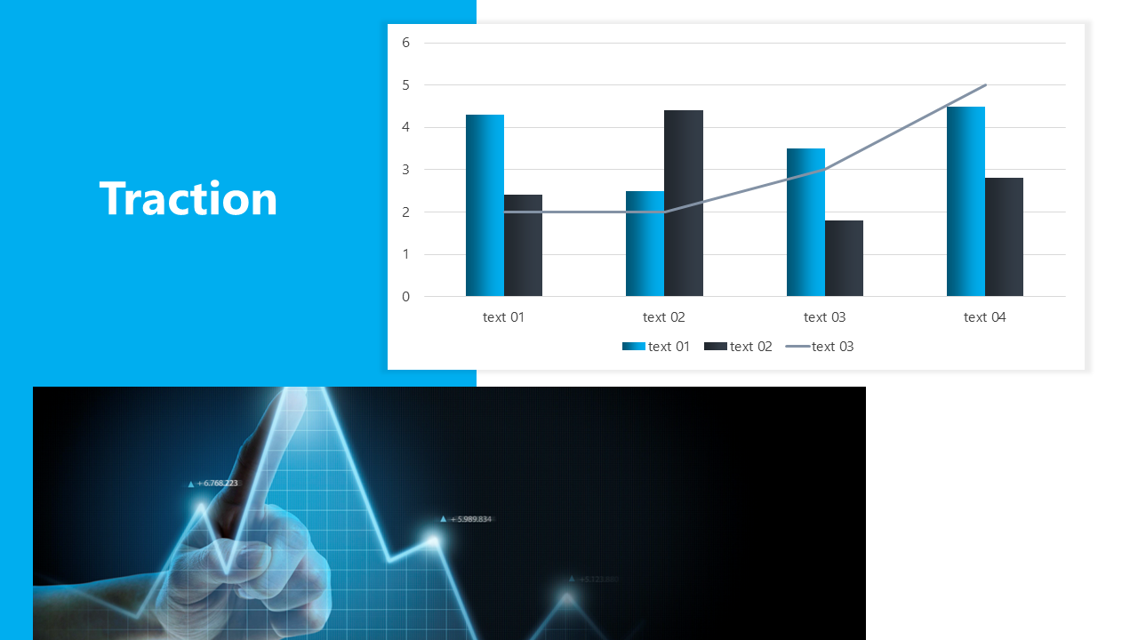White and blue traction slide featuring a bar chart comparing four data sets and a hand interacting with a digital graph.