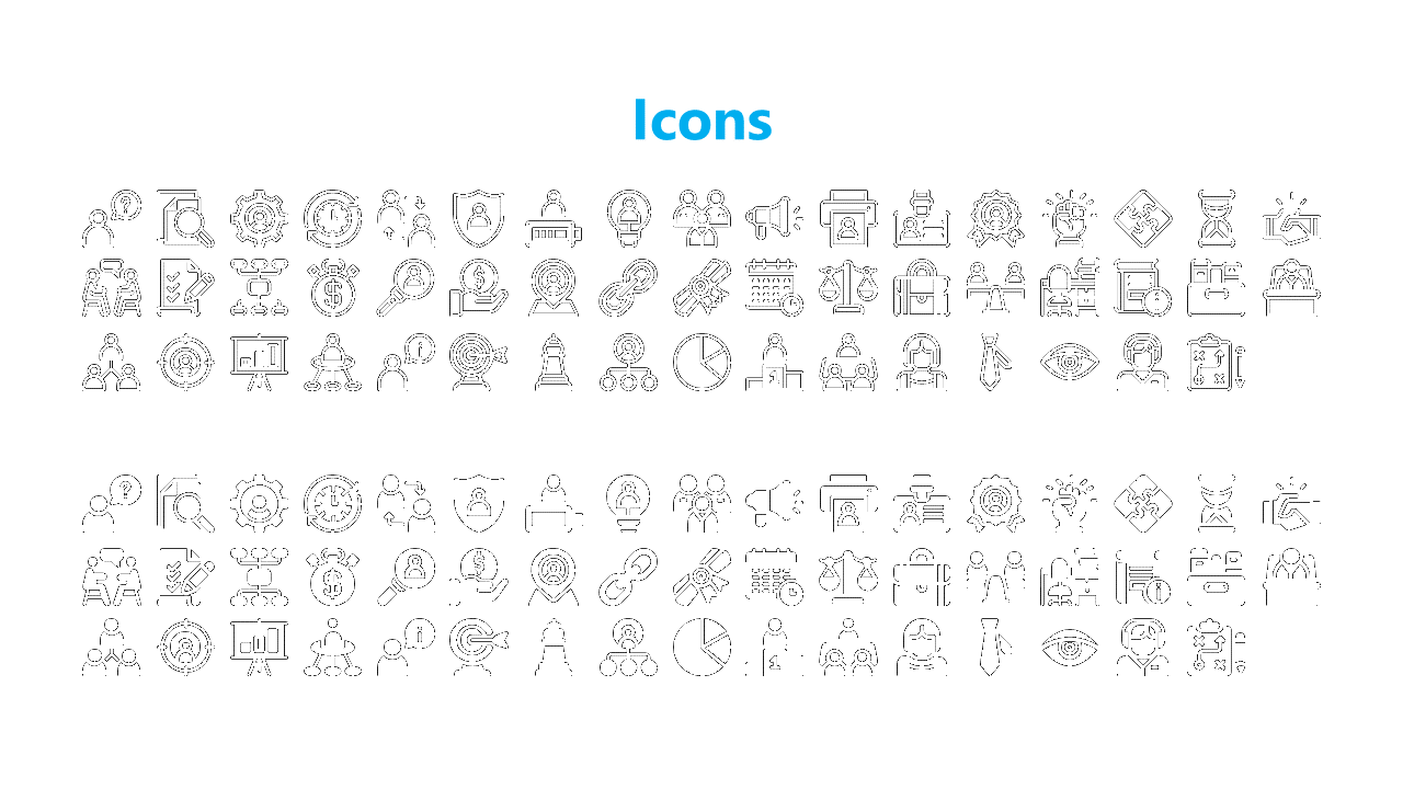 Collection of black and white icons representing various business and organizational concepts like teamwork, and finance.