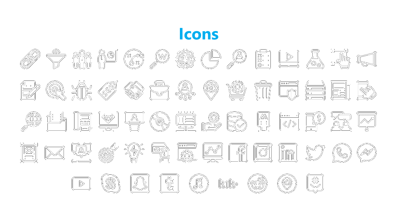 A variety of black and white icons representing digital tools, social media, data analytics, SEO, and communication.