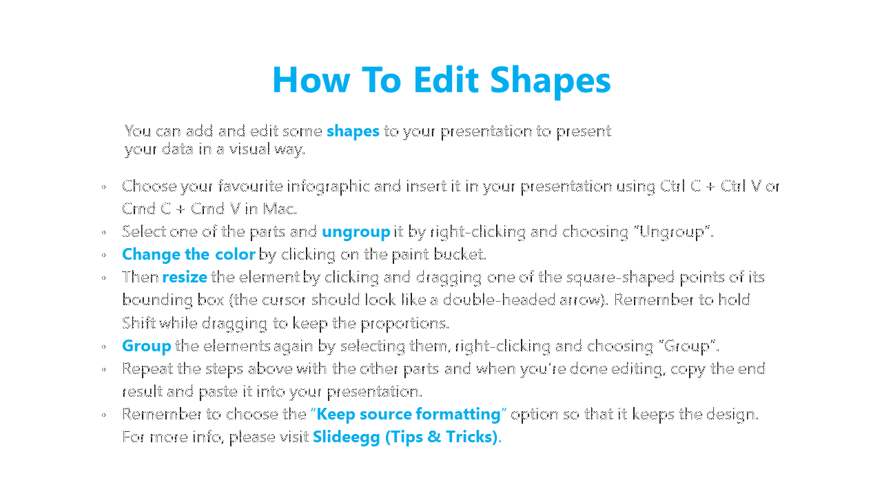A PowerPoint slide explaining how to edit shapes by ungrouping, changing colors, resizing, and grouping elements.