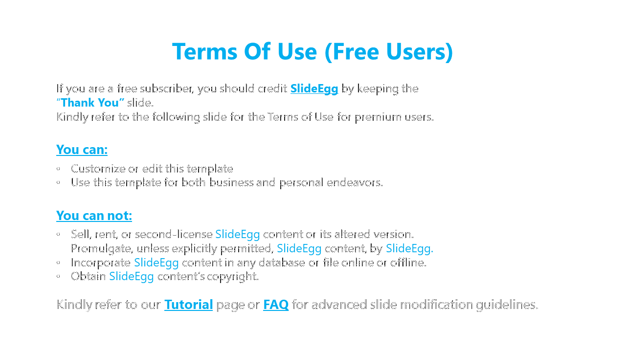 PPT slide with terms of use for free users stating allowed edits and prohibitions like selling or altering SlideEgg content.