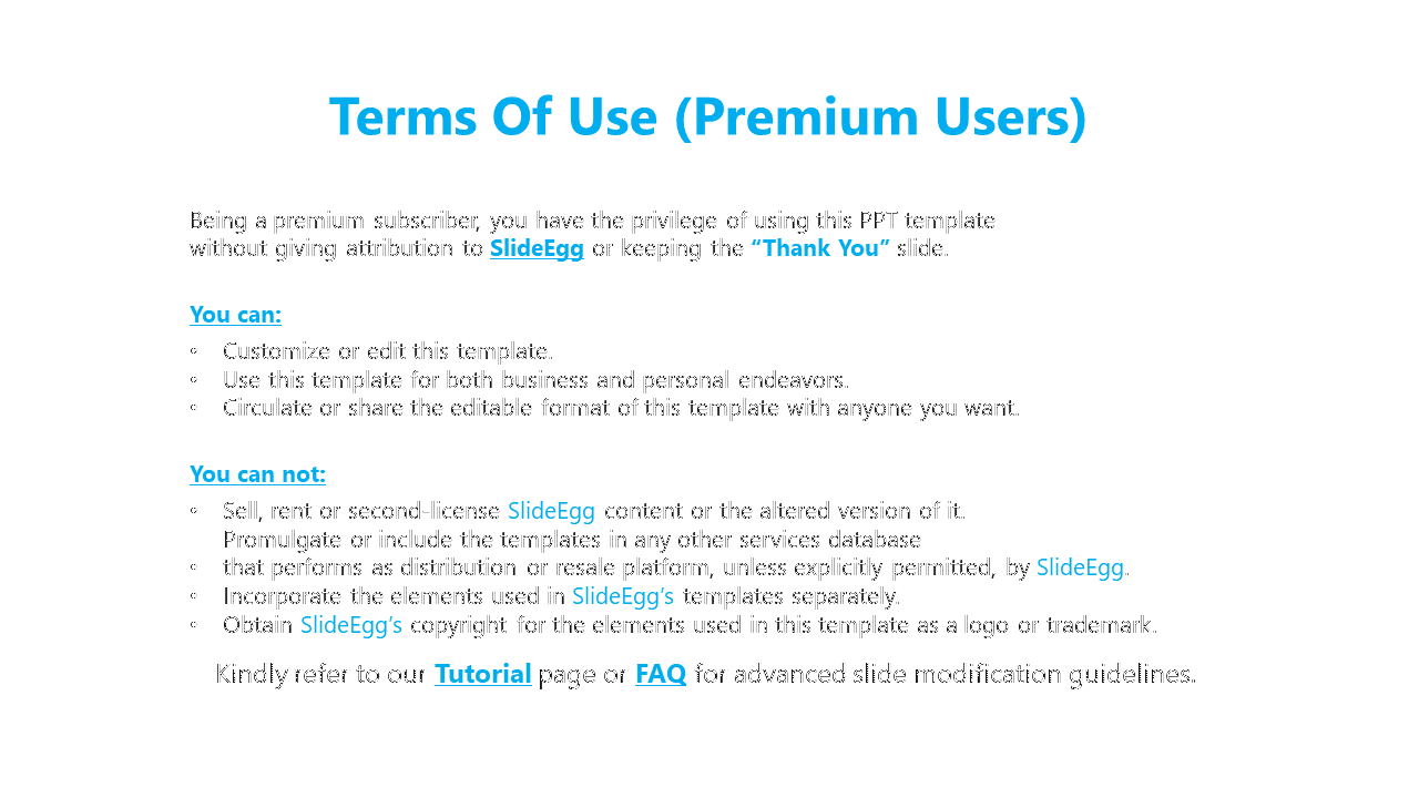PowerPoint slide describing the terms of use for premium subscribers, including the ability to edit and share templates.