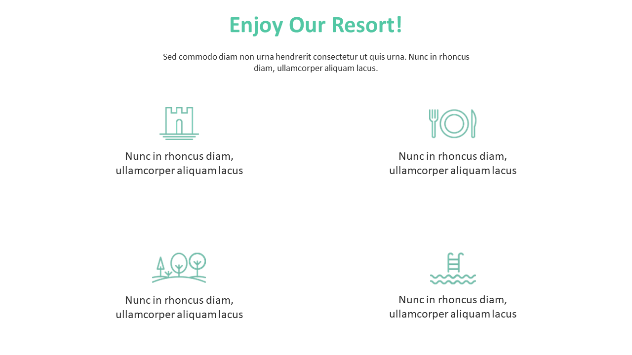 Resort advertisement slide with four icons represent amenities castle, plate with utensils, trees, and a swimming pool.