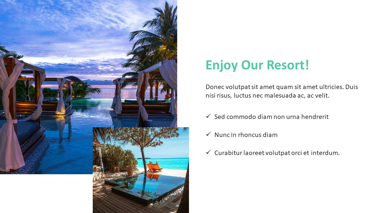 Resort advertisement features a luxurious beachfront pool at sunset and a private plunge pool by the ocean on a white theme.