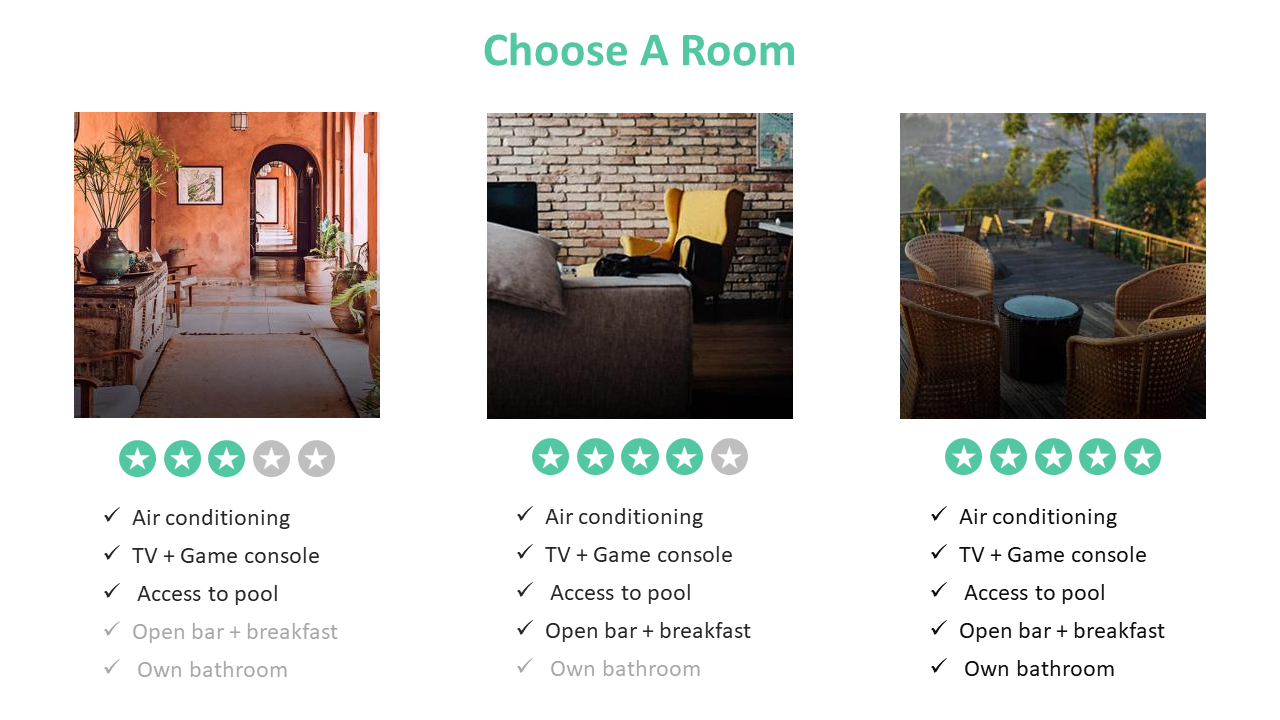 A Room slide with three hotel room options each includes an image, a star rating, and lists amenities on a white backdrop.