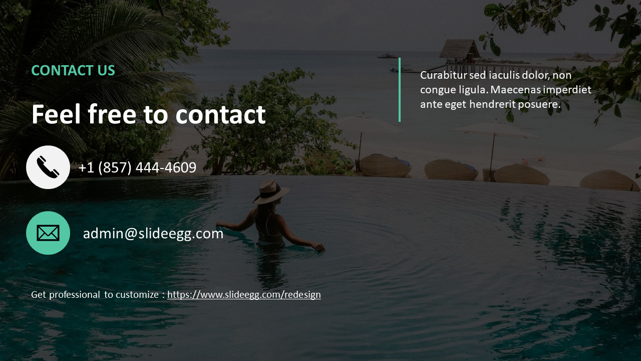 A Contact Us slide features icons and a background showing a person in a resort infinity pool overlooking the ocean.