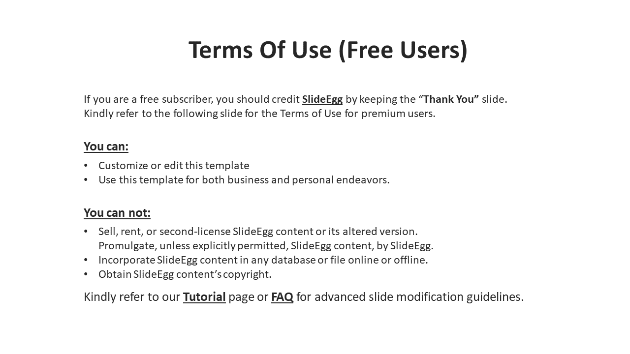 SlideEgg's free user terms and credit required with thank you slide permitted customization, for business or personal use.