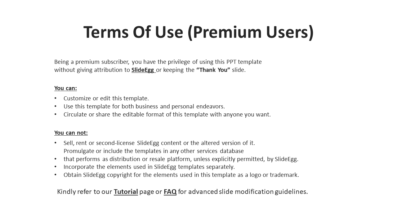SlideEgg premium user terms with no attribution needed and allowed customize, for business or personal use.