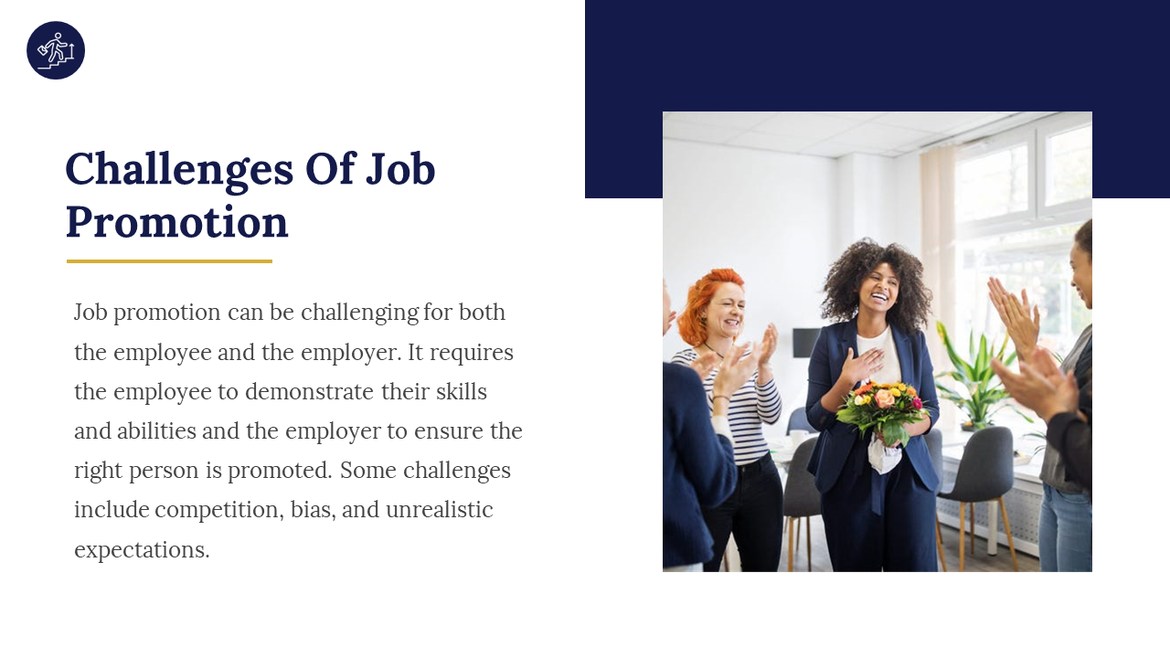 Woman in a suit smiles holding a bouquet as colleagues celebrate her job promotion in an office on a white and blue backdrop.