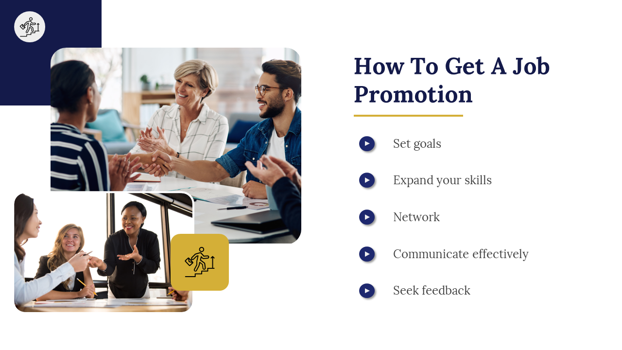 A group of professionals discussing strategies for job promotion, including setting goals, expanding skills, and networking.