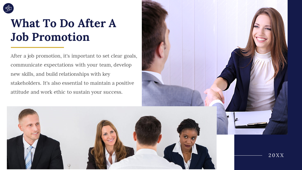 A businesswoman and man shaking hands, with colleagues discussing next steps after a job promotion on a blue and white theme.